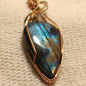 labradorite teardrop pendant with copper and brass